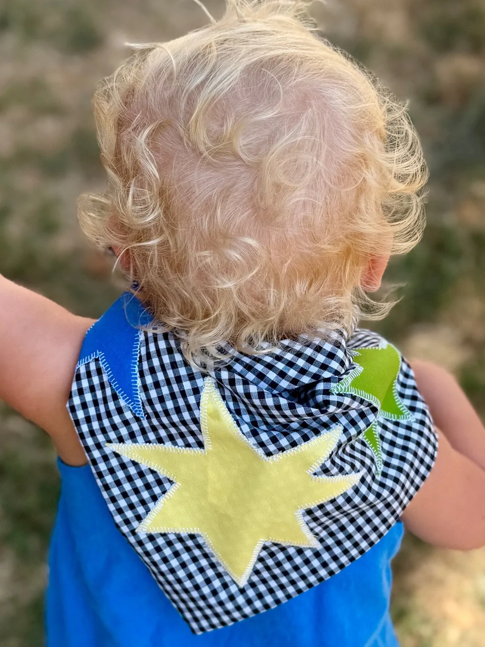 Handmade Black Gingham Kids Headscarf with Blue Yellow and Green Star Appliqués